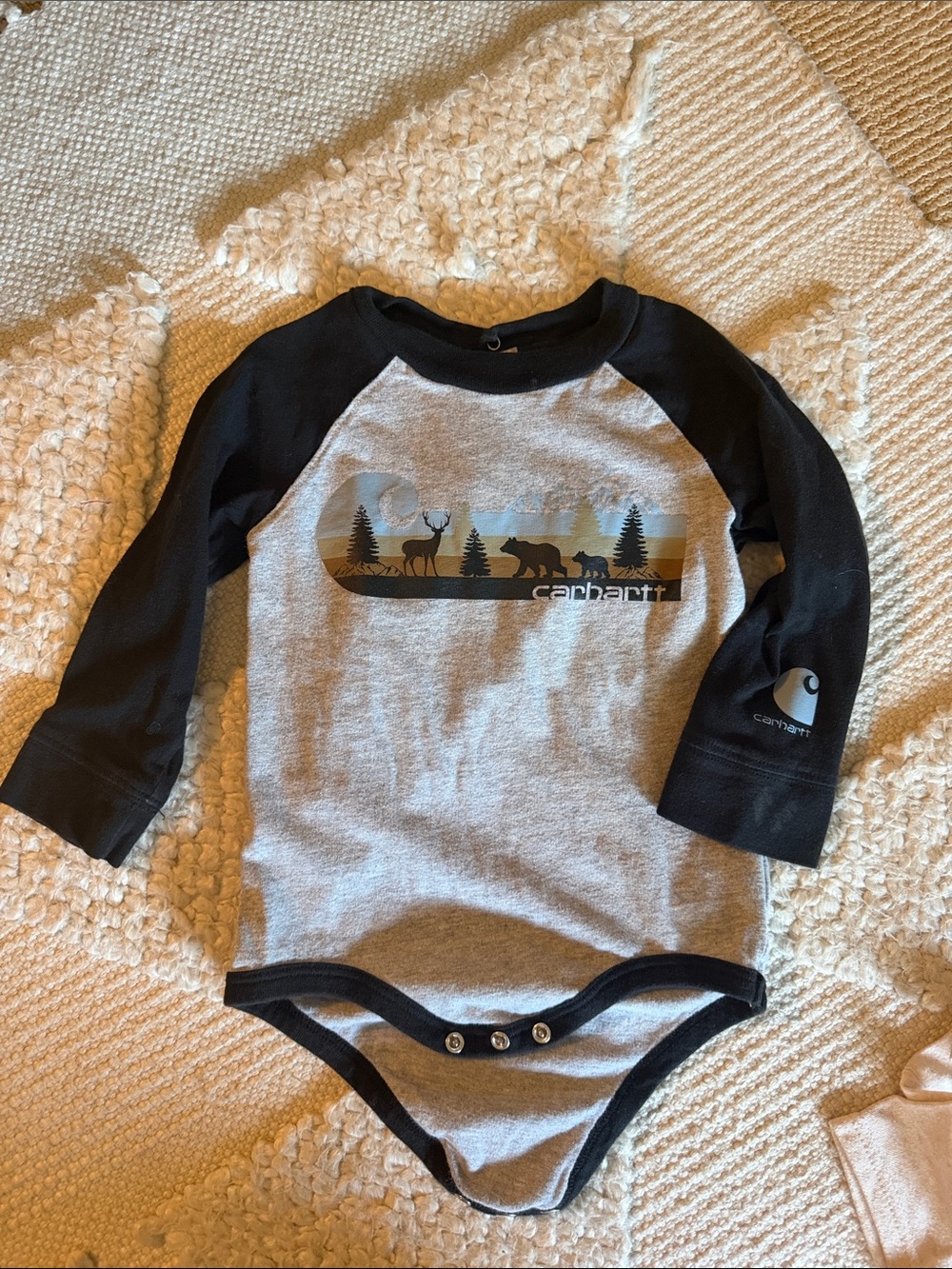 Carhartt Raglan One-Piece Bodysuit in Gray and Black with Nature Graphic